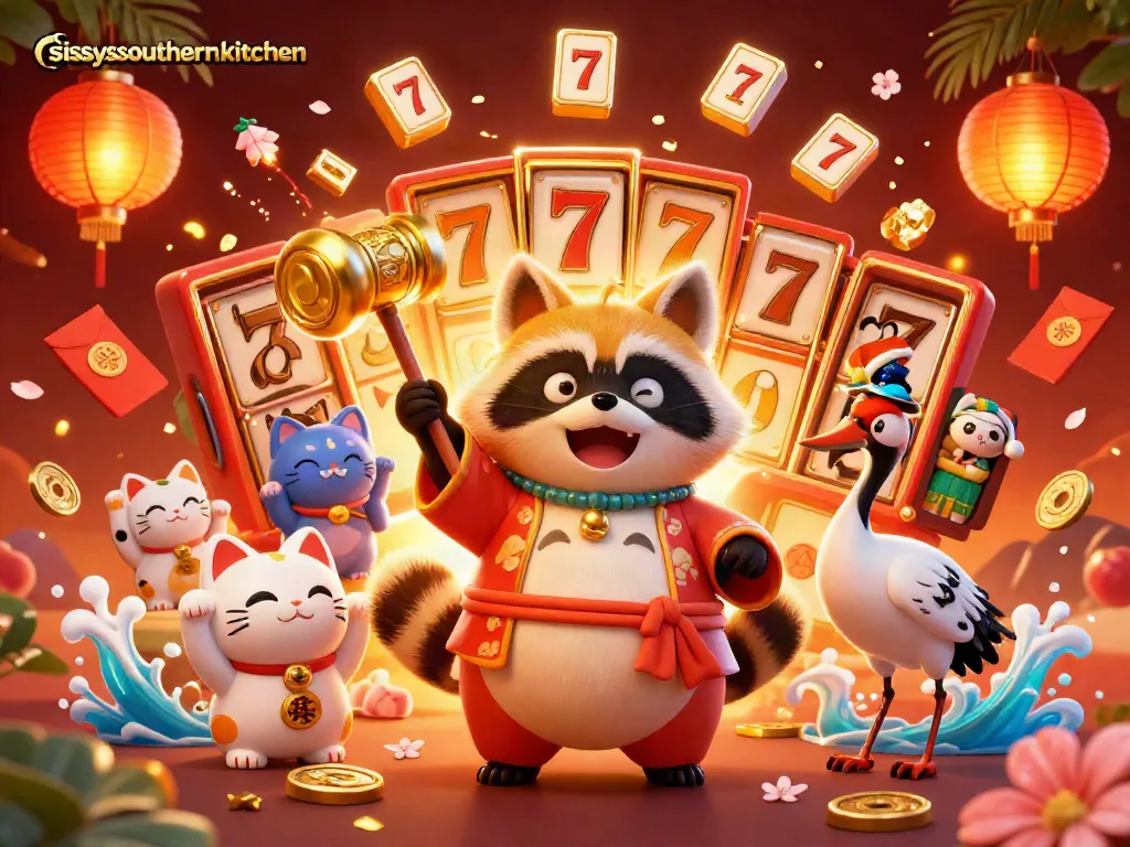 Sissy's Southern Kitchen entertains with a vibrant 3D cartoon casino scene filled with slot reels and lucky charms.